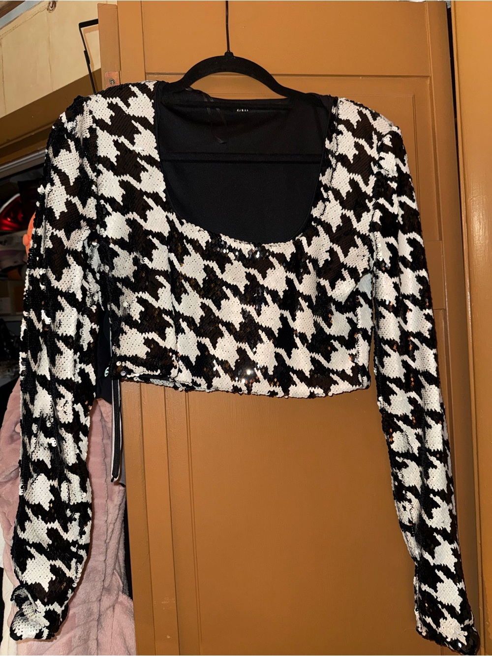 Zara Black & White Houndstooth Sequin Crop Top